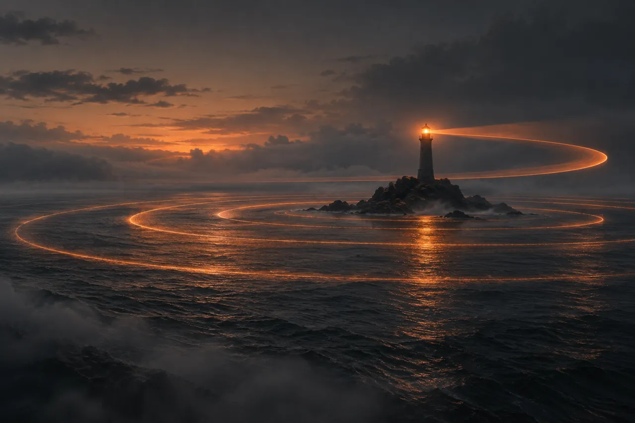 Ein schlanker Leuchtturm auf einer kleinen Felsinsel; sein orangefarbener Lichtstrahl kreist über das dunkle Wasser und hinterlässt Ringe wie Klangwellen oder eine Schleife aus Kassettenband.