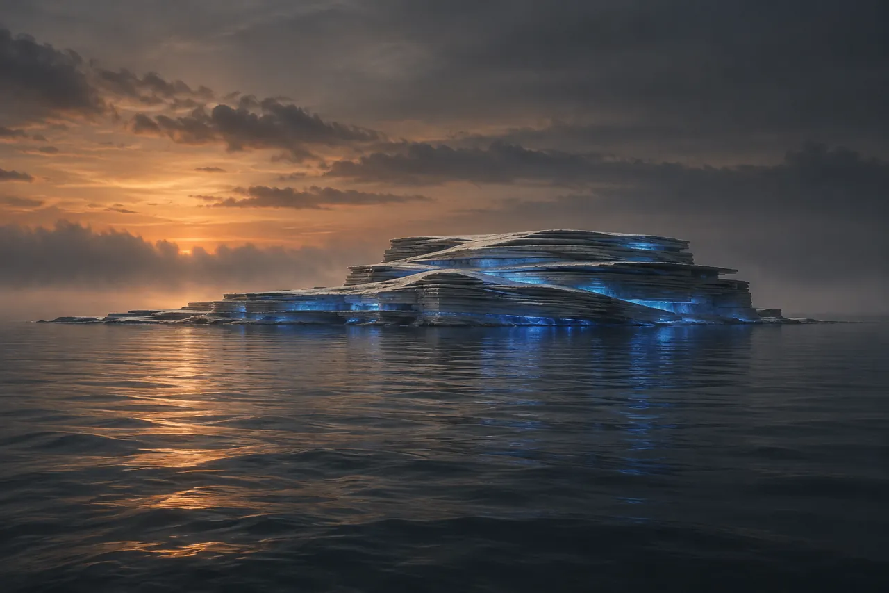 Eine Insel aus geschichteten, hellen Steinplatten wie die Seiten eines riesigen Buches, zwischen den Lagen leuchtet kühles blaues Licht und spiegelt sich im ruhigen Meer.